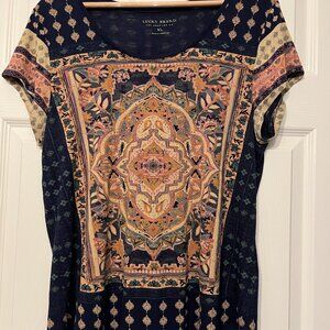 Lucky Brand T Shirt Womens XL Blue Floral Geometric Persian Carpet Boho